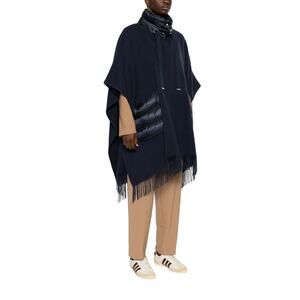 Herno NWT Mixed Media Fringe Trim Poncho in Blue One Size Fits Most